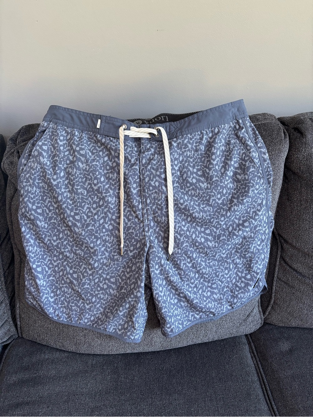 Vuori Light Blue Leopard-Print Swim Trunks with White Drawstring